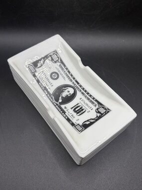 Vintage 100 Dollar Bill Ceramic Ribbed Rectangular Novelty Ashtray Trinket Dish